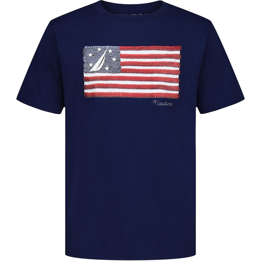 imageNautica Boys Short Sleeve JClass Logo Crew Neck TShirt Soft Comfortable Relaxed FitAmerican Flag Blueprint