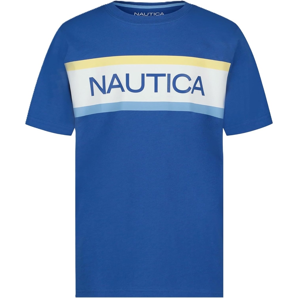 imageNautica Boys Short Sleeve JClass Logo Crew Neck TShirt Soft Comfortable Relaxed FitBarredstripe Windsurf Blue