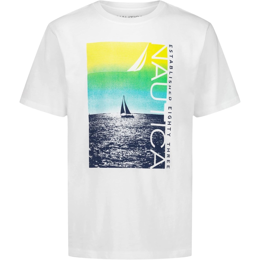 imageNautica Boys Short Sleeve JClass Logo Crew Neck TShirt Soft Comfortable Relaxed FitCruising Bright White