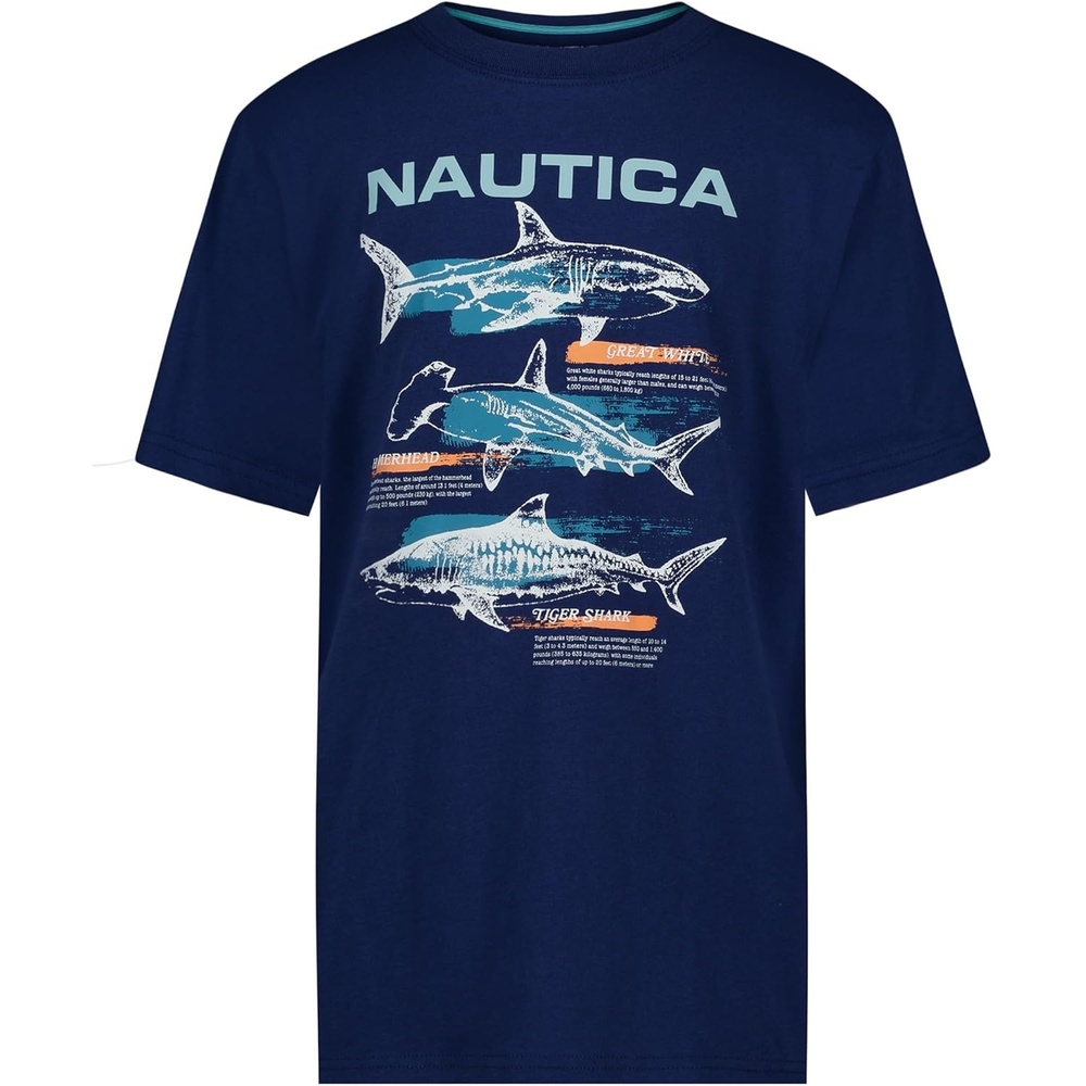 imageNautica Boys Short Sleeve JClass Logo Crew Neck TShirt Soft Comfortable Relaxed FitShark Map Estate Blue