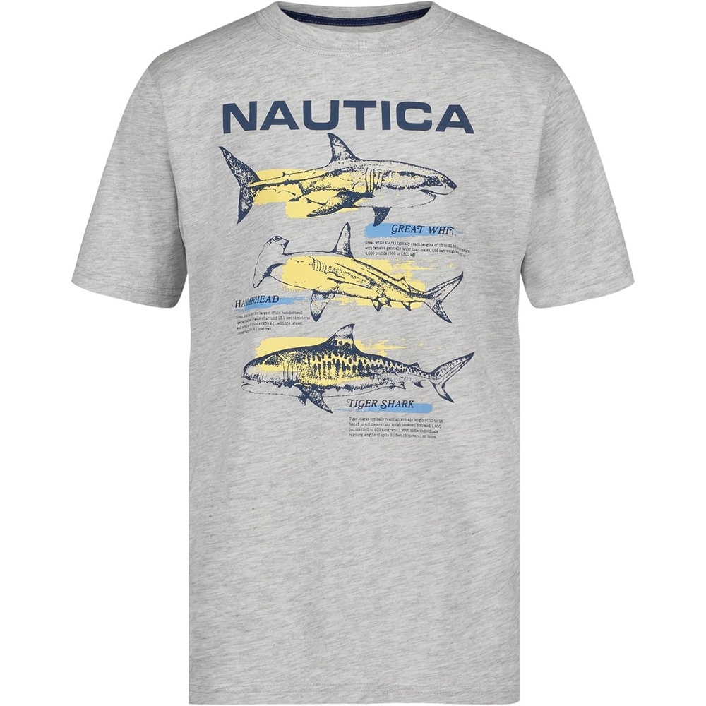 imageNautica Boys Short Sleeve JClass Logo Crew Neck TShirt Soft Comfortable Relaxed FitShark Map Lt Grey Heather