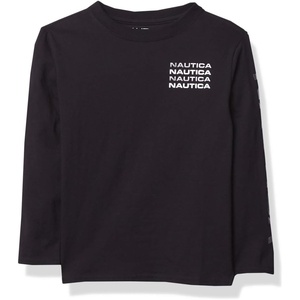 Nautica Boys’ Long Sleeve Screen Print Graphic T-Shirt(Stacked Dark Black)
