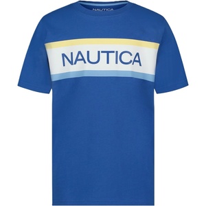 Nautica Boys’ Short Sleeve J-Class Logo Crew Neck T-Shirt, Soft, Comfortable, Relaxed Fit(Barred-stripe Windsurf Blue)