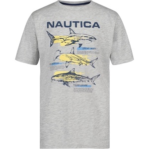 Nautica Boys’ Short Sleeve J-Class Logo Crew Neck T-Shirt, Soft, Comfortable, Relaxed Fit(Shark Map Lt Grey Heather)
