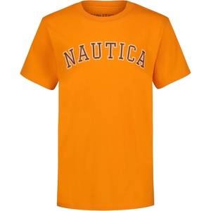 Nautica Boys’ Short Sleeve J-Class Logo Crew Neck T-Shirt, Soft, Comfortable, Relaxed Fit(Varsity Arch Persimmon)
