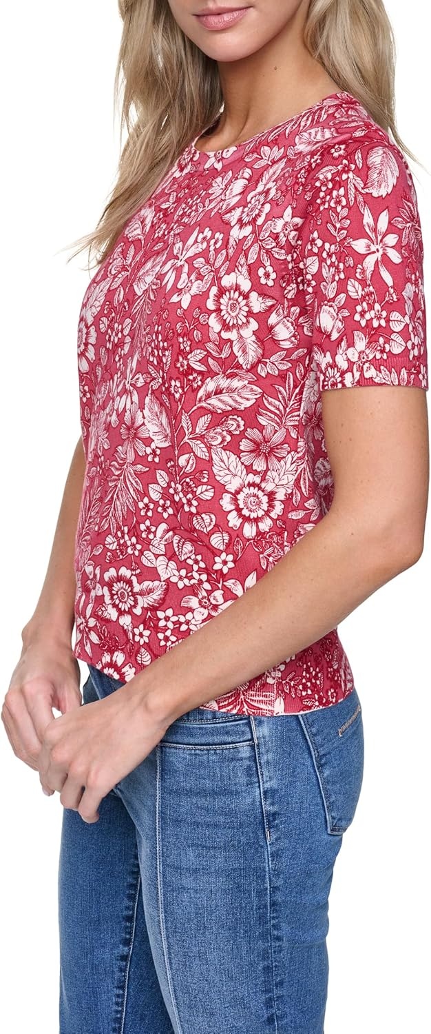 image:imageNautica Womens Crew Neck Solid Short Sleeve SweaterMineral Red Multi