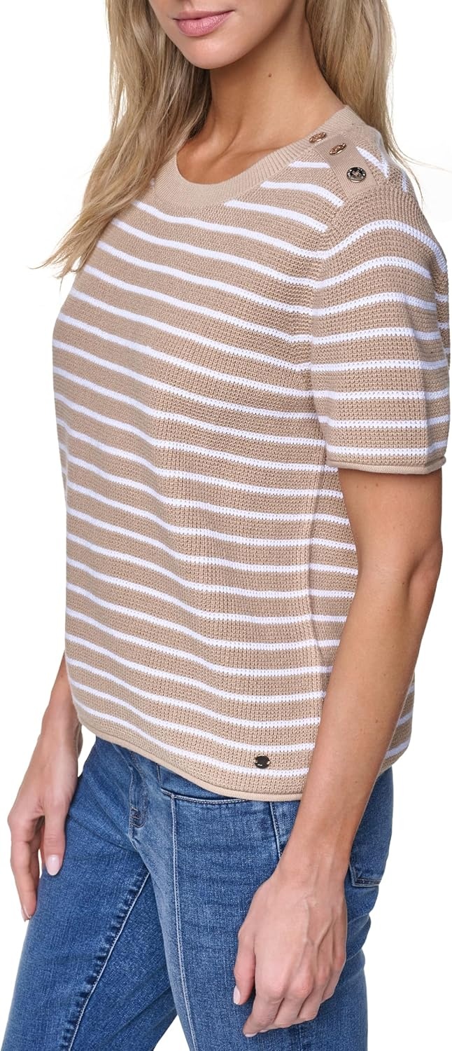 image:imageNautica Womens Crew Neck Solid Short Sleeve SweaterSandBright White