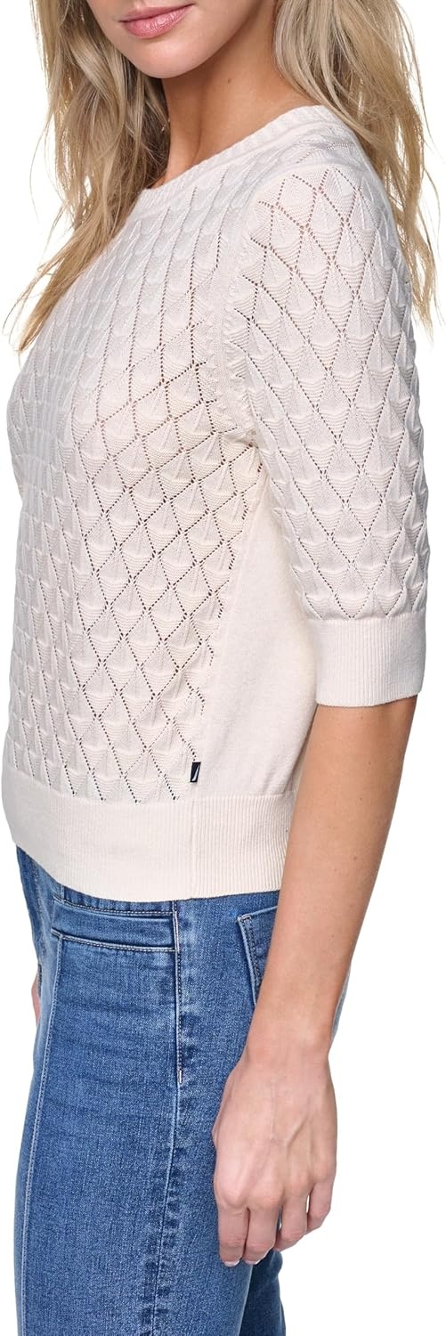 image:imageNautica Womens Crew Neck Solid Short Sleeve SweaterWhite Swan