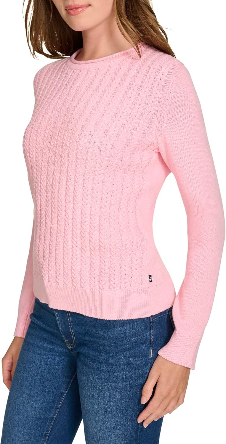 image:imageNautica Womens Crewneck Pullover Cable Long SleeveTaffy Pink Heather