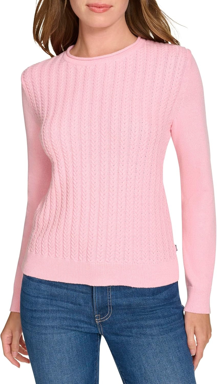 image:imageNautica Womens Crewneck Pullover Cable Long SleeveTaffy Pink Heather