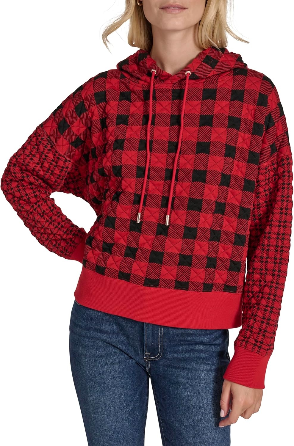 image:imageNautica Womens Long Sleeve Plaid Quilted HoodieBlackHaute Red
