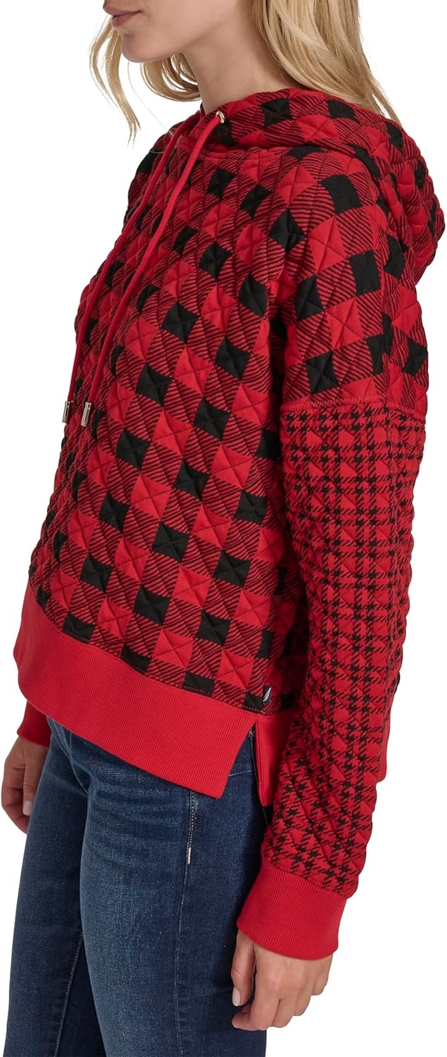 image:imageNautica Womens Long Sleeve Plaid Quilted HoodieBlackHaute Red