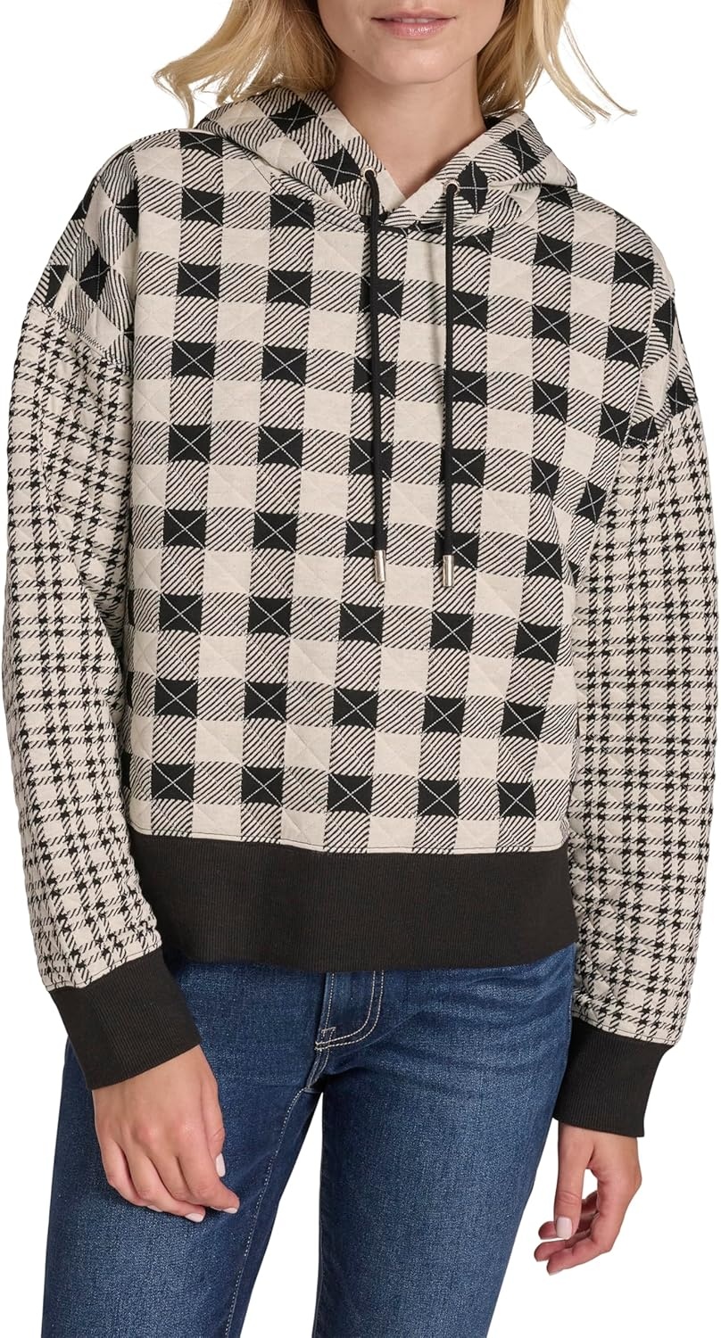 image:imageNautica Womens Long Sleeve Plaid Quilted HoodieBlackWhite Swan