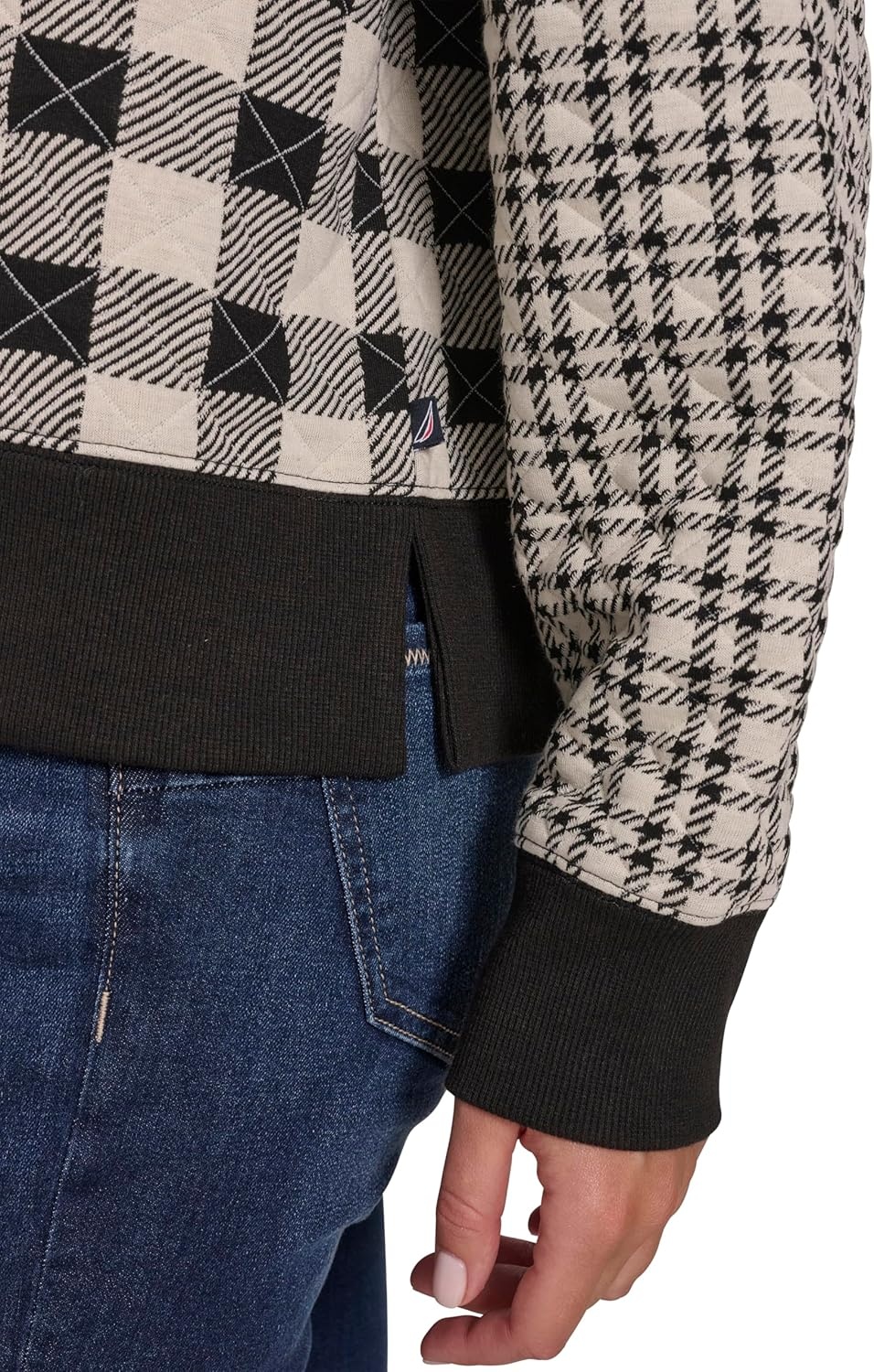 image:imageNautica Womens Long Sleeve Plaid Quilted HoodieBlackWhite Swan