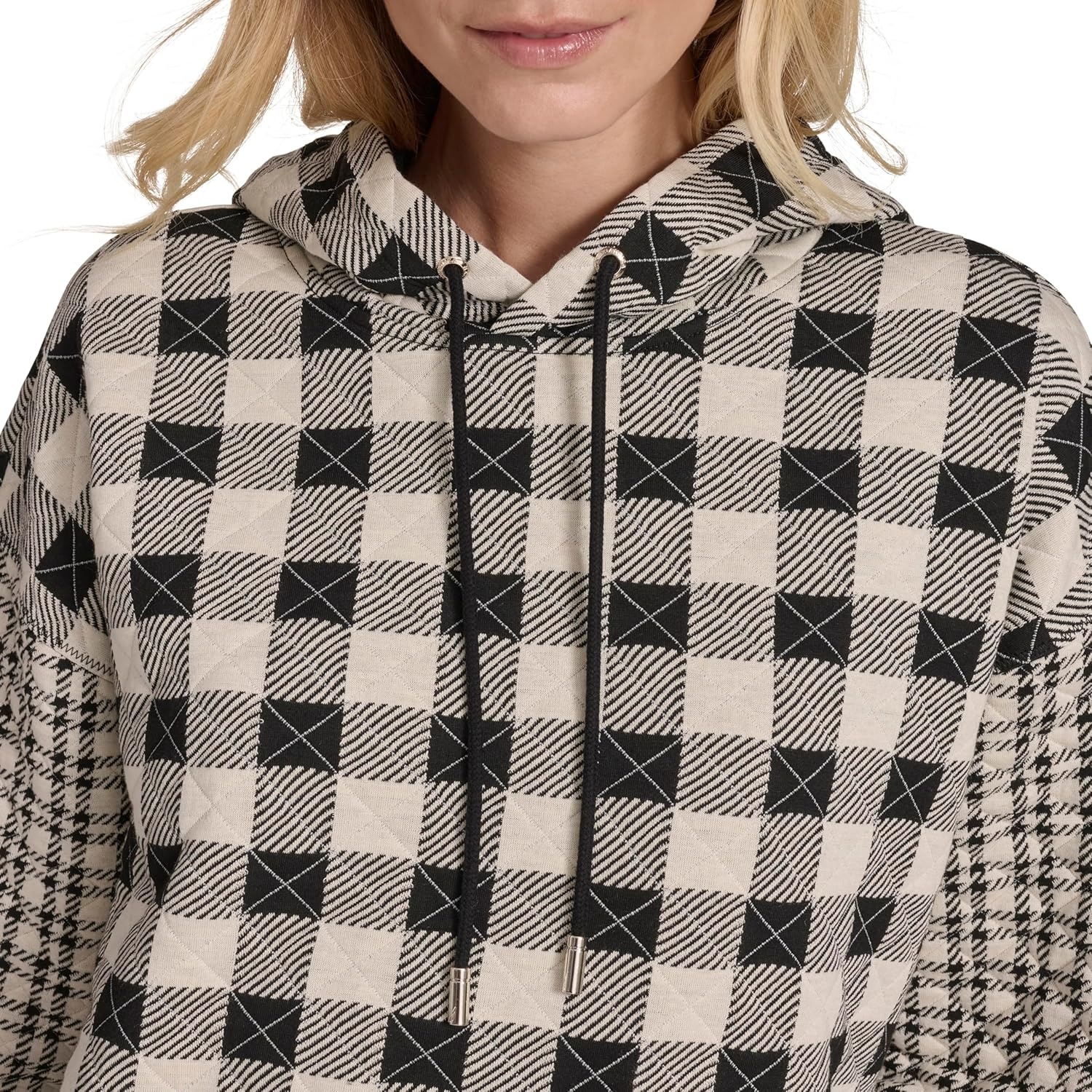 image:imageNautica Womens Long Sleeve Plaid Quilted HoodieBlackWhite Swan