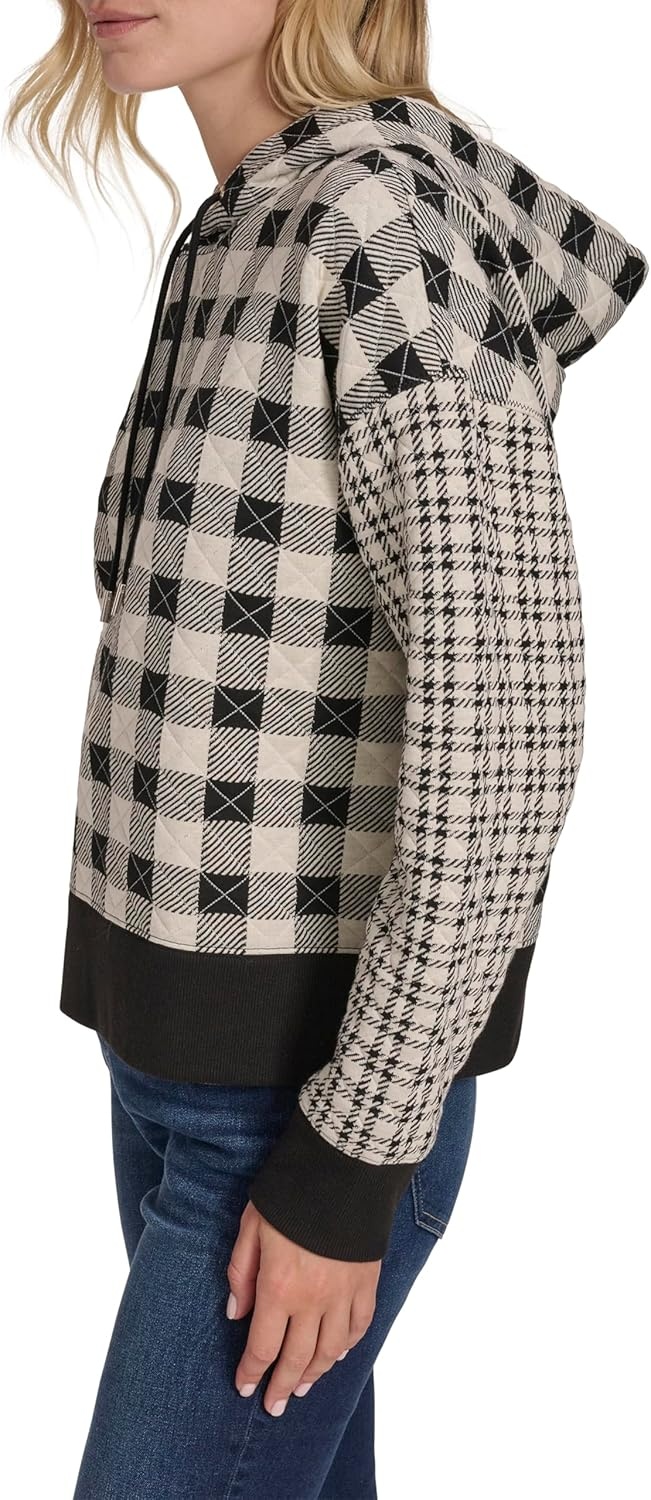 image:imageNautica Womens Long Sleeve Plaid Quilted HoodieBlackWhite Swan
