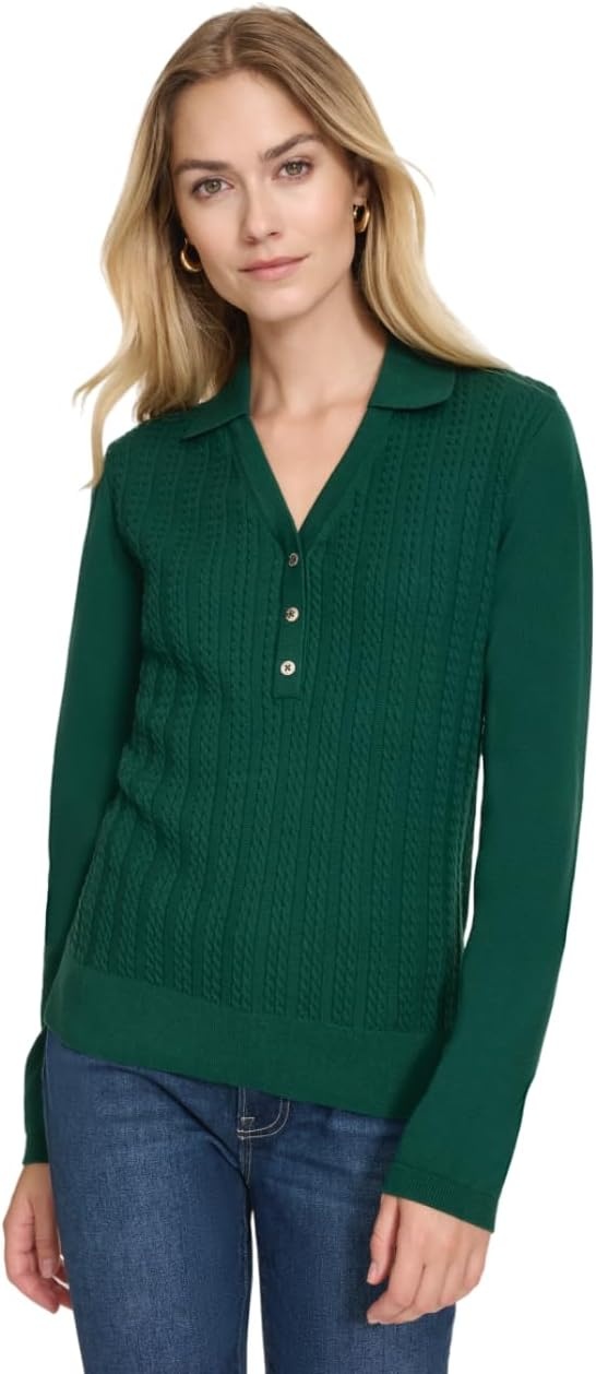 image:imageNautica Womens VNeck Cable Polo Long SleeveForest