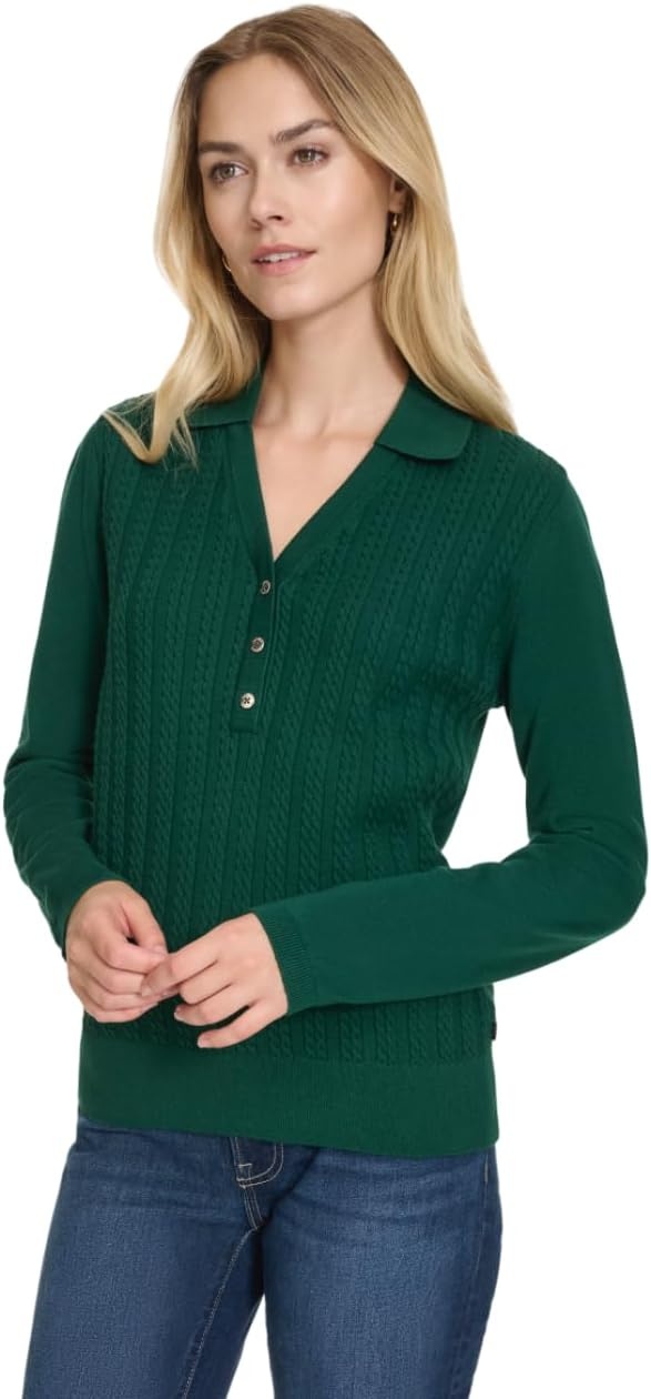 image:imageNautica Womens VNeck Cable Polo Long SleeveForest