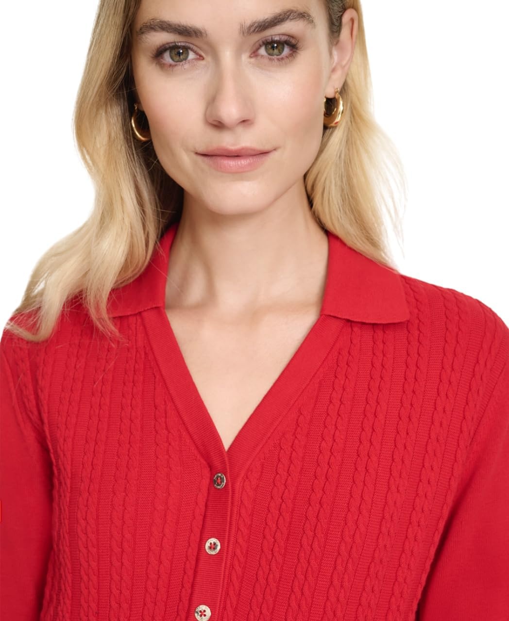 image:imageNautica Womens VNeck Cable Polo Long SleeveHaute Red