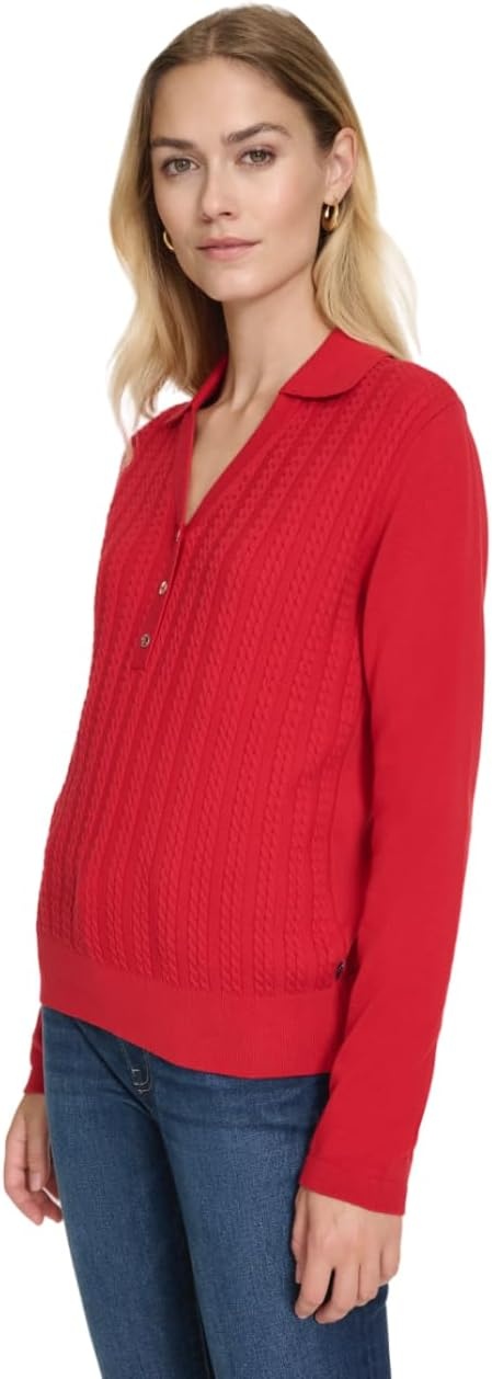 image:imageNautica Womens VNeck Cable Polo Long SleeveHaute Red