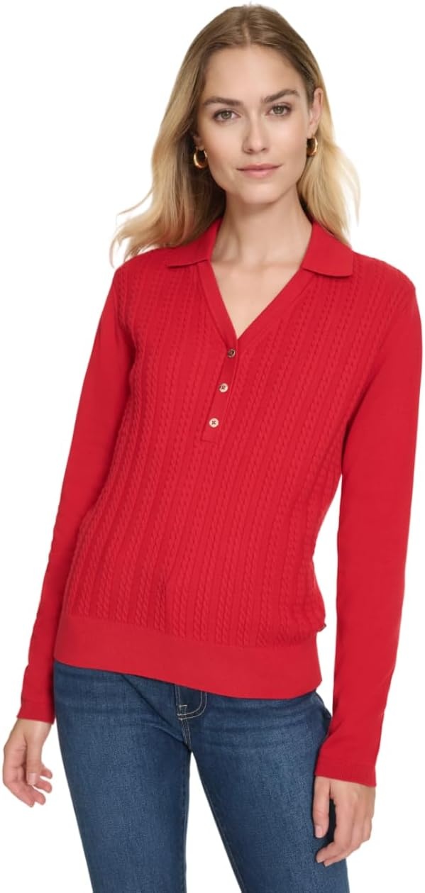 image:imageNautica Womens VNeck Cable Polo Long SleeveHaute Red