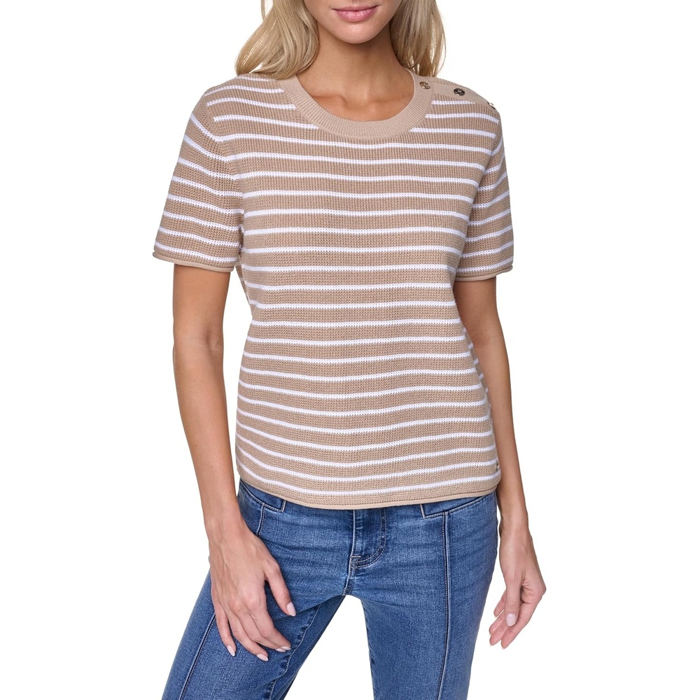 image:imageNautica Womens Crew Neck Solid Short Sleeve SweaterSandBright White