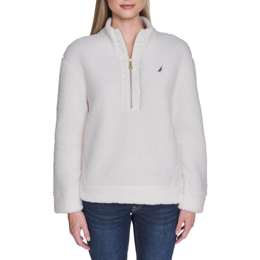 image:imageNautica Womens Jeans 14 Zip Mockneck Sherpa Pullover Soft Ivory XLarge