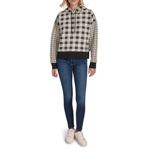Nautica Women’s Long Sleeve Plaid Quilted Hoodie(Black/White Swan)