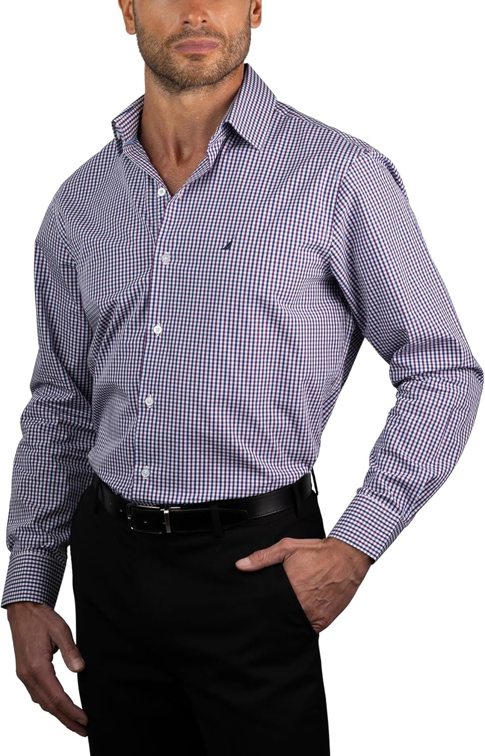 image:imageNAUTICA Slim Fit 100 Cotton Mens Dress Shirts Long Sleeve Wrinkle Resistant FormalPurple Blue Check
