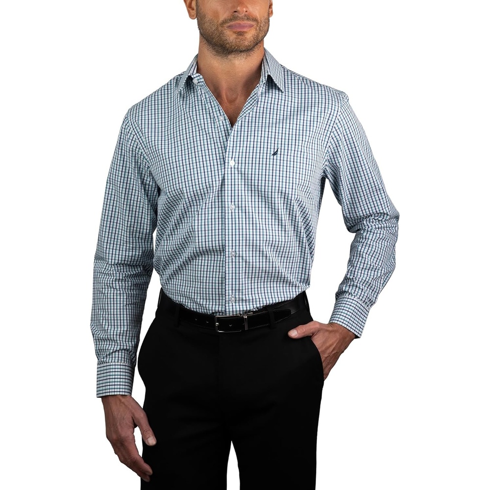image:imageNAUTICA Slim Fit 100 Cotton Mens Dress Shirts Long Sleeve Wrinkle Resistant FormalBlue Green Plaid