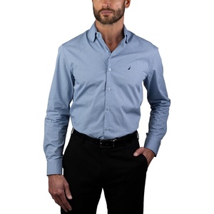 NAUTICA Slim Fit 100% Cotton Mens Dress Shirts Long Sleeve Wrinkle Resistant Formal(Blue & Grey Micro Plaid)