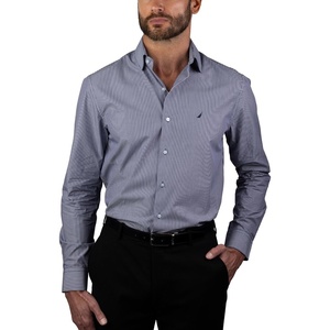 NAUTICA Slim Fit 100% Cotton Mens Dress Shirts Long Sleeve Wrinkle Resistant Formal(Navy Check Stripe)