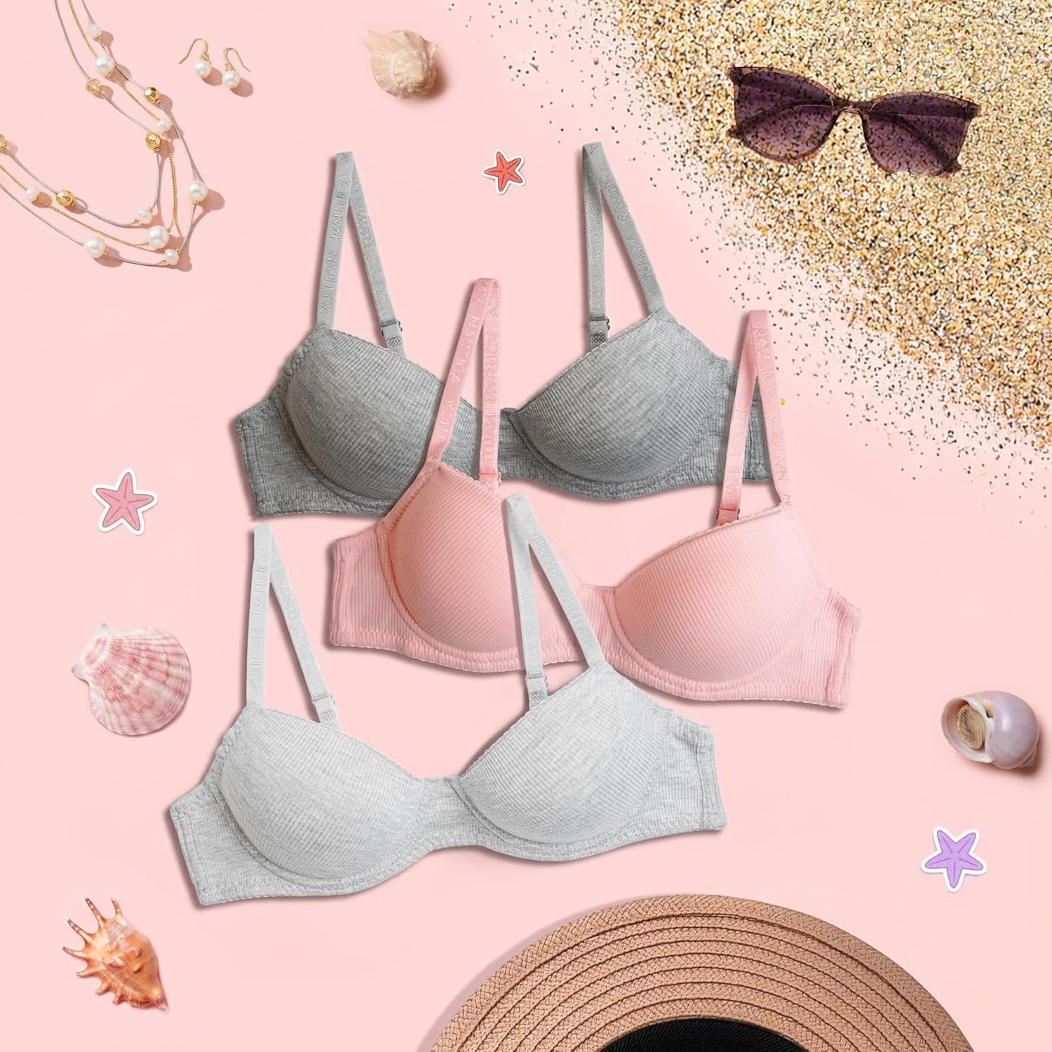 image:imageNautica Girls Training Bras 23 Pack ACup Ribbed Molded Starter Bras for Teens with Adjustable Straps Sizes 30A36ALt Bleach HthrChiffon RoseLt Heather Grey