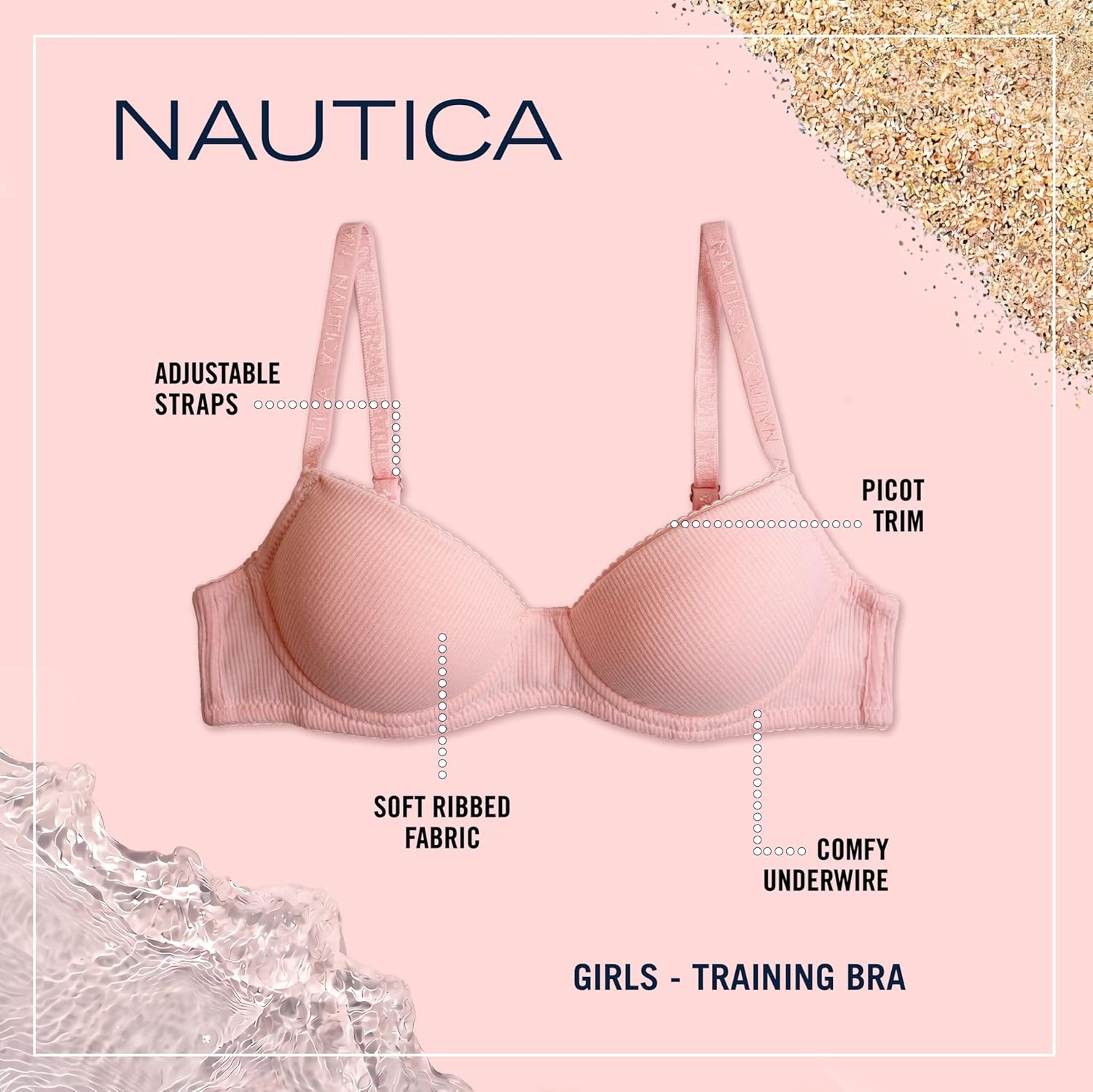 image:imageNautica Girls Training Bras 23 Pack ACup Ribbed Molded Starter Bras for Teens with Adjustable Straps Sizes 30A36ALt Bleach HthrChiffon RoseLt Heather Grey