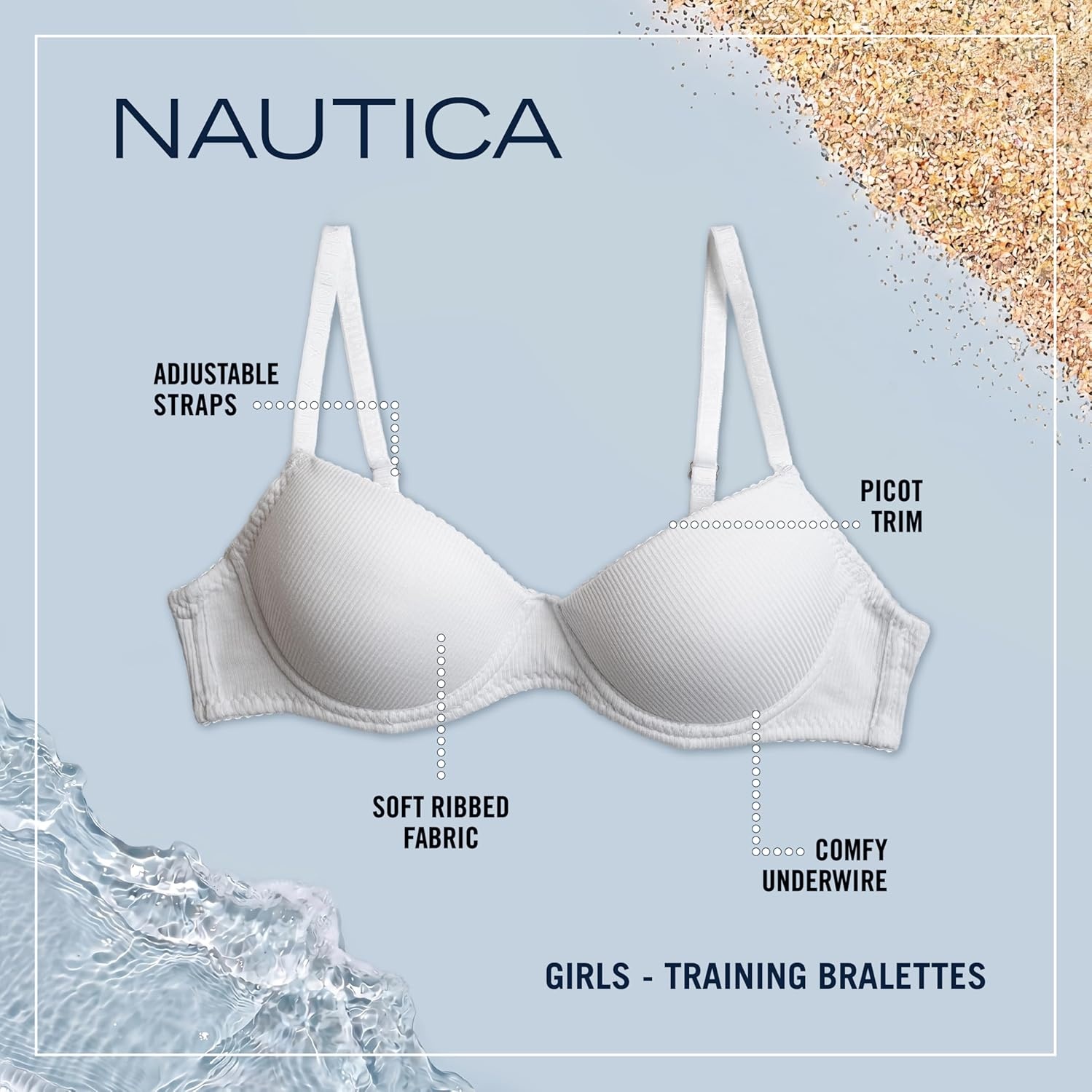image:imageNautica Girls Training Bras 23 Pack ACup Ribbed Molded Starter Bras for Teens with Adjustable Straps Sizes 30A36ALt Heather GreyWhiteBlue Iris
