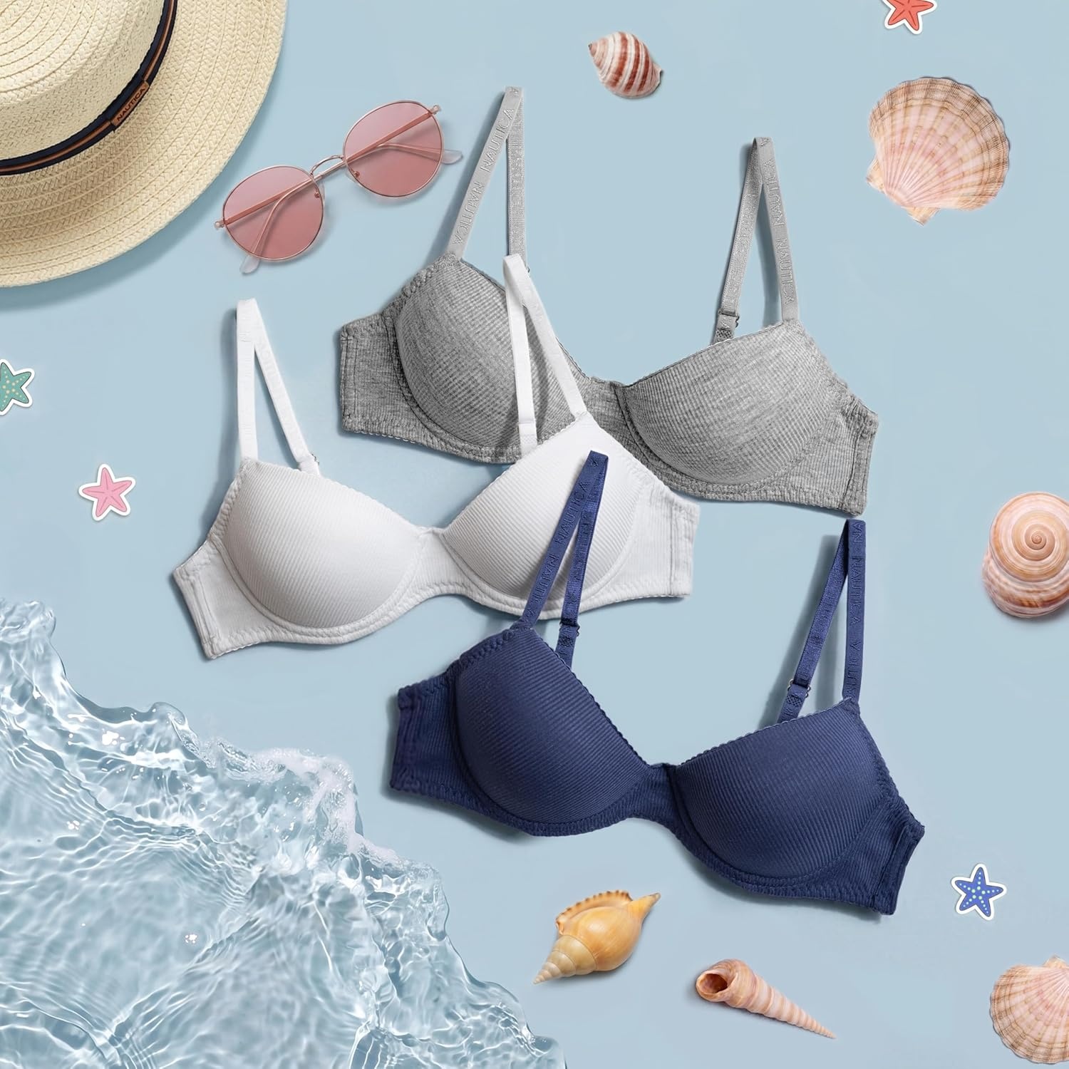 image:imageNautica Girls Training Bras 23 Pack ACup Ribbed Molded Starter Bras for Teens with Adjustable Straps Sizes 30A36ALt Heather GreyWhiteBlue Iris