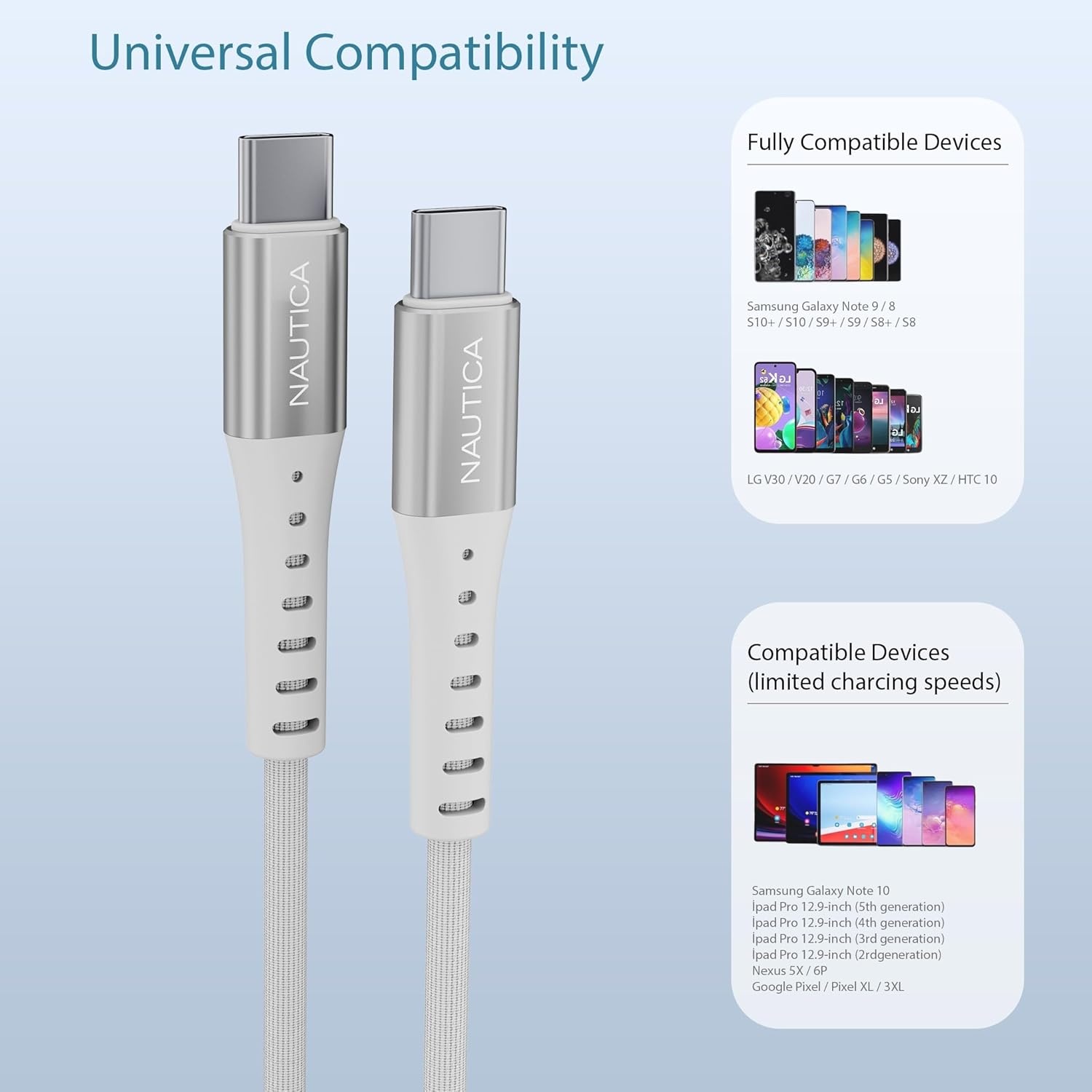 image:imageNautica USBC to USBC Cable 15W HighSpeed Charging Durable Braided Cable Premium Quality Universal Compatibility White