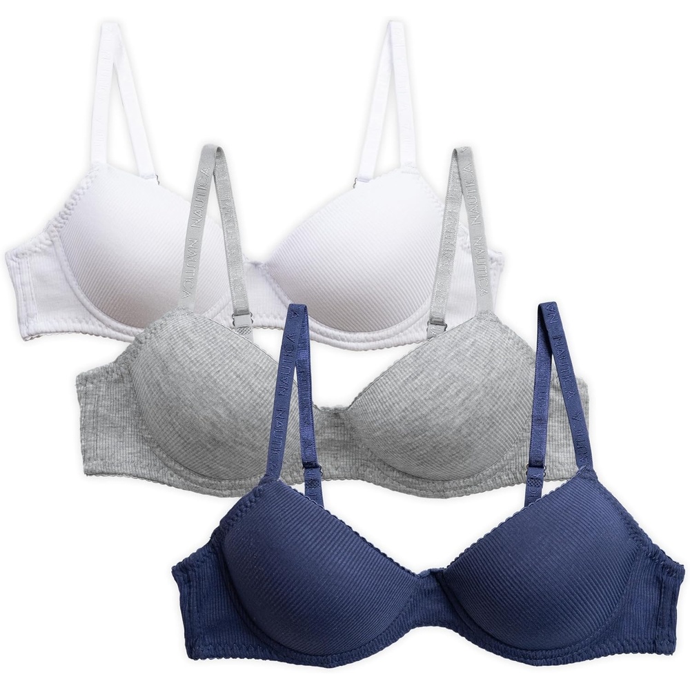 image:imageNautica Girls Training Bras 23 Pack ACup Ribbed Molded Starter Bras for Teens with Adjustable Straps Sizes 30A36ALt Heather GreyWhiteBlue Iris