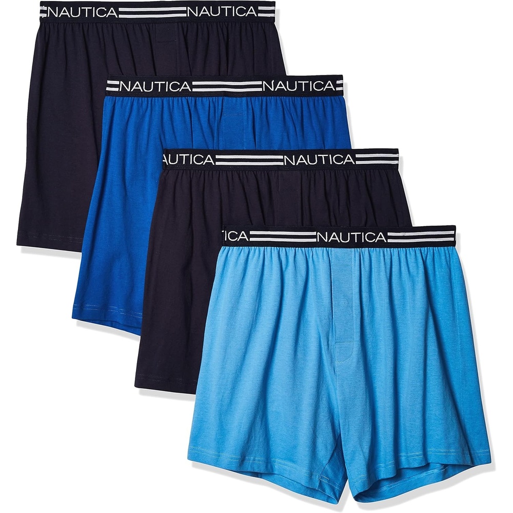 image:imageNautica Mens 4 Pack Classic Cotton Loose Knit BoxersPeacoatAero BlueSea Cobalt 4 Pack