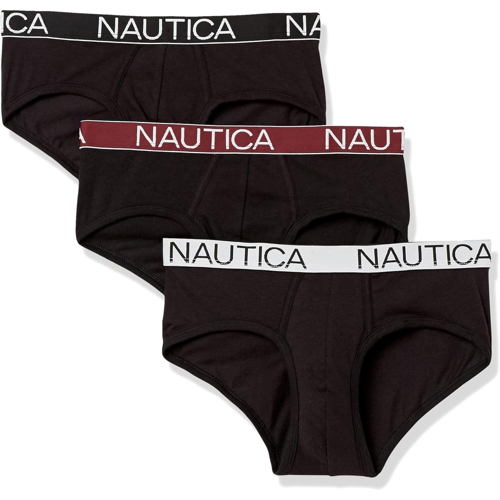 image:imageNautica Mens Classic Cotton Stretch 3Pack BriefsBlack BlackTawny PortWhite Waistband