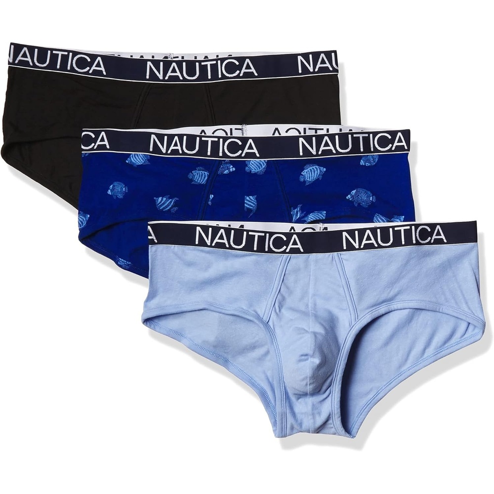 image:imageNautica Mens Classic Cotton Stretch 3Pack BriefsBlackCoastal SkyFish Print Windsurf
