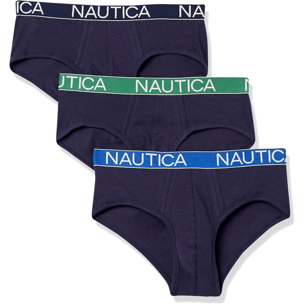 image:imageNautica Mens Classic Cotton Stretch 3Pack BriefsPeacoat PeacoatGreenCobalt Waistband