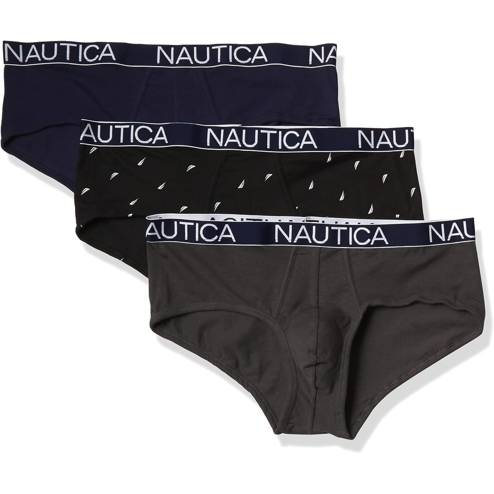 image:imageNautica Mens Classic Cotton Stretch 3Pack BriefsPeacoatCharcoalSail Print Black White