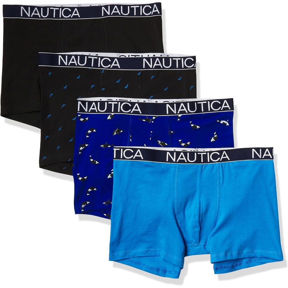 image:imageNautica Mens Cotton Stretch 4 Pack Boxer BriefsAeroBlackOrcas Bright CobaltSail Print