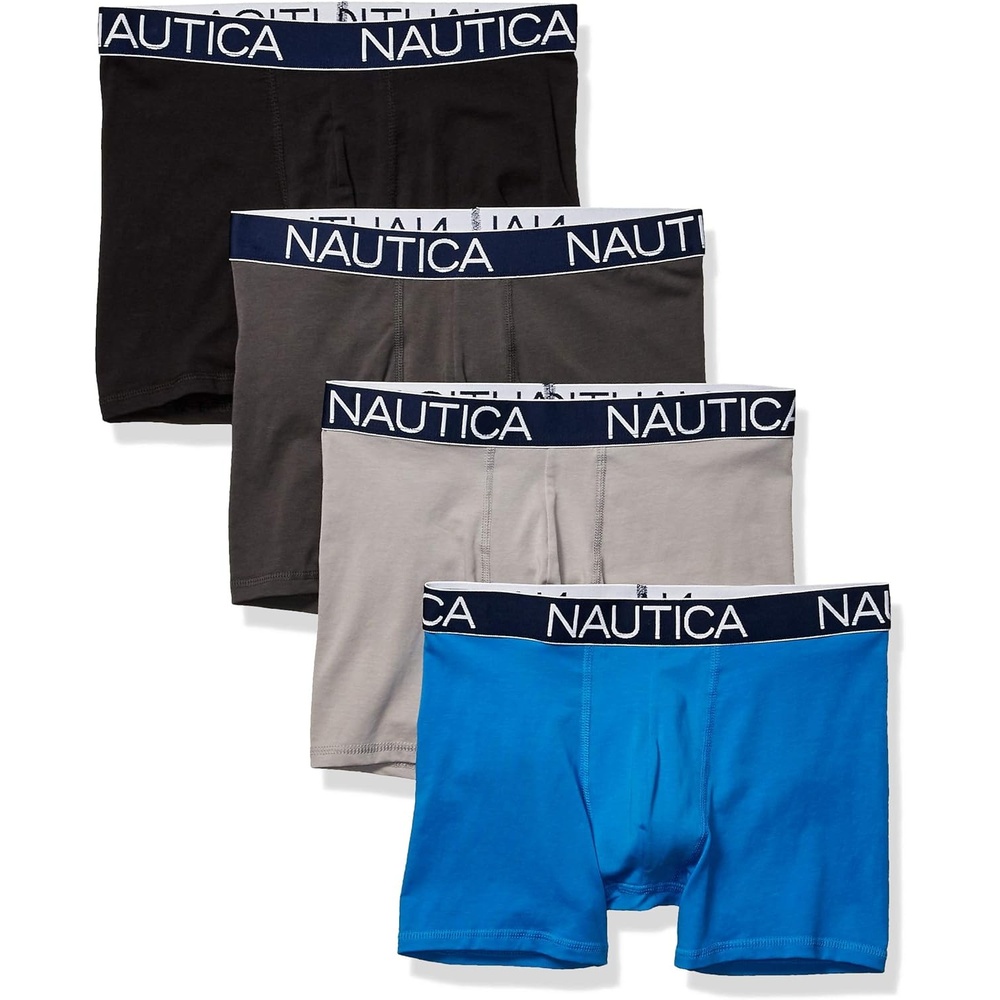 image:imageNautica Mens Cotton Stretch 4 Pack Boxer BriefsBlackCharcoalAlloyCapri Blue