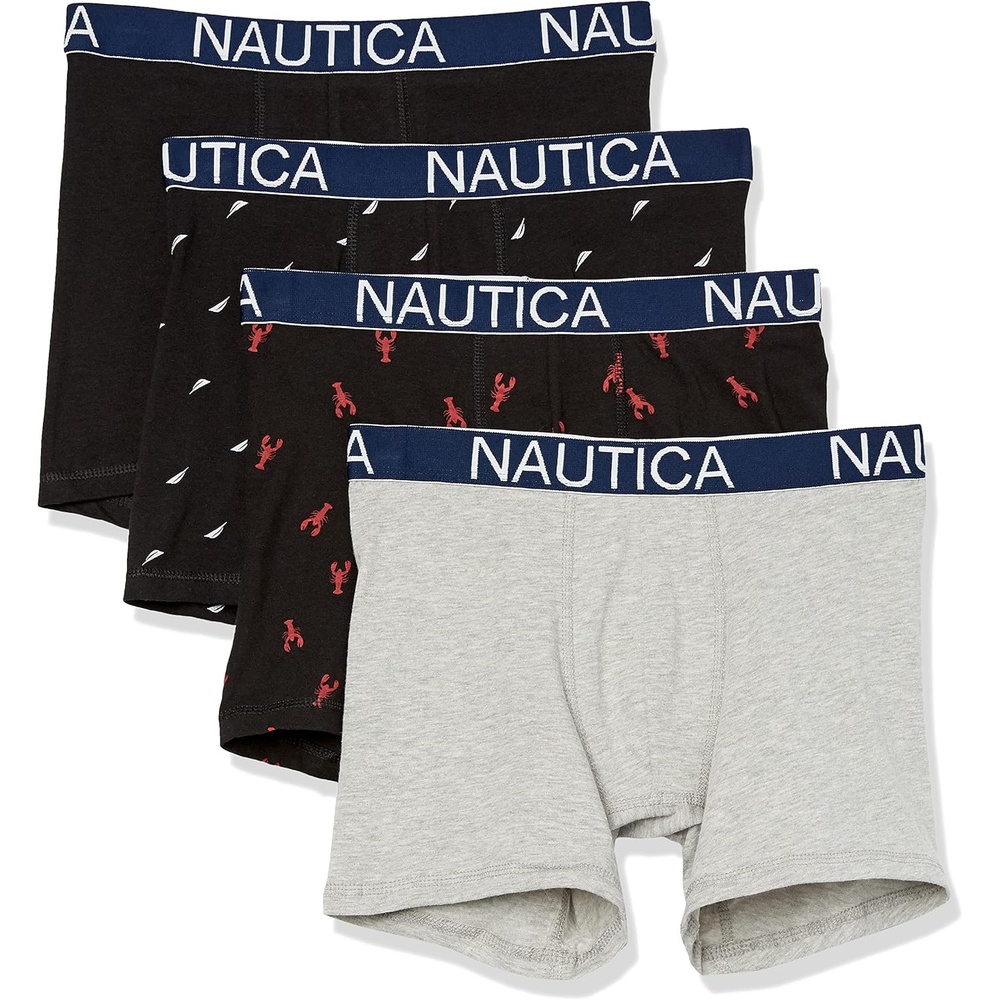 image:imageNautica Mens Cotton Stretch 4 Pack Boxer BriefsBlackHeather GreySail PrintLobster