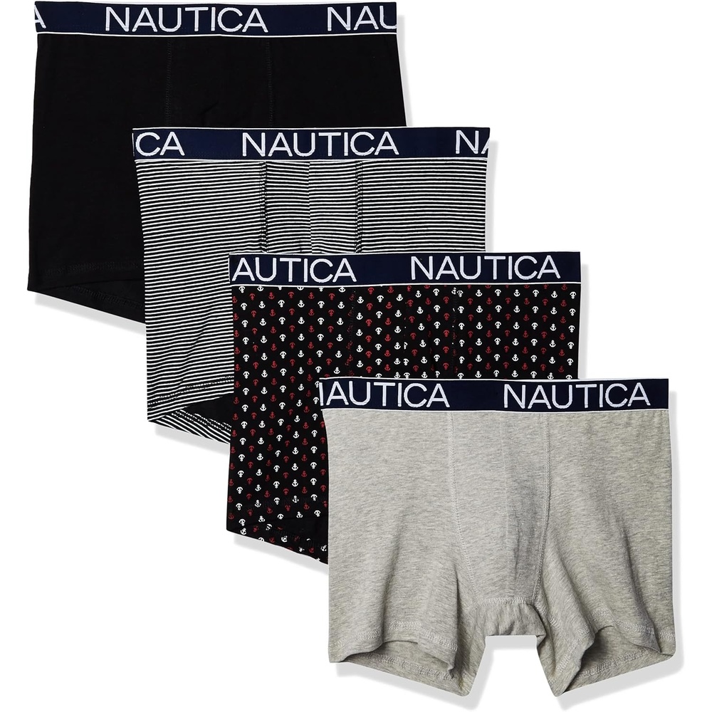 image:imageNautica Mens Cotton Stretch 4 Pack Boxer BriefsBlackHeather GreyStripe 2Anchor Print