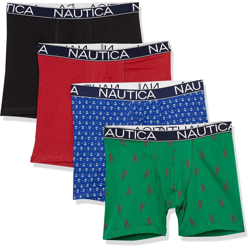 image:imageNautica Mens Cotton Stretch 4 Pack Boxer BriefsBlackNautica RedBright CobaltLobster Print