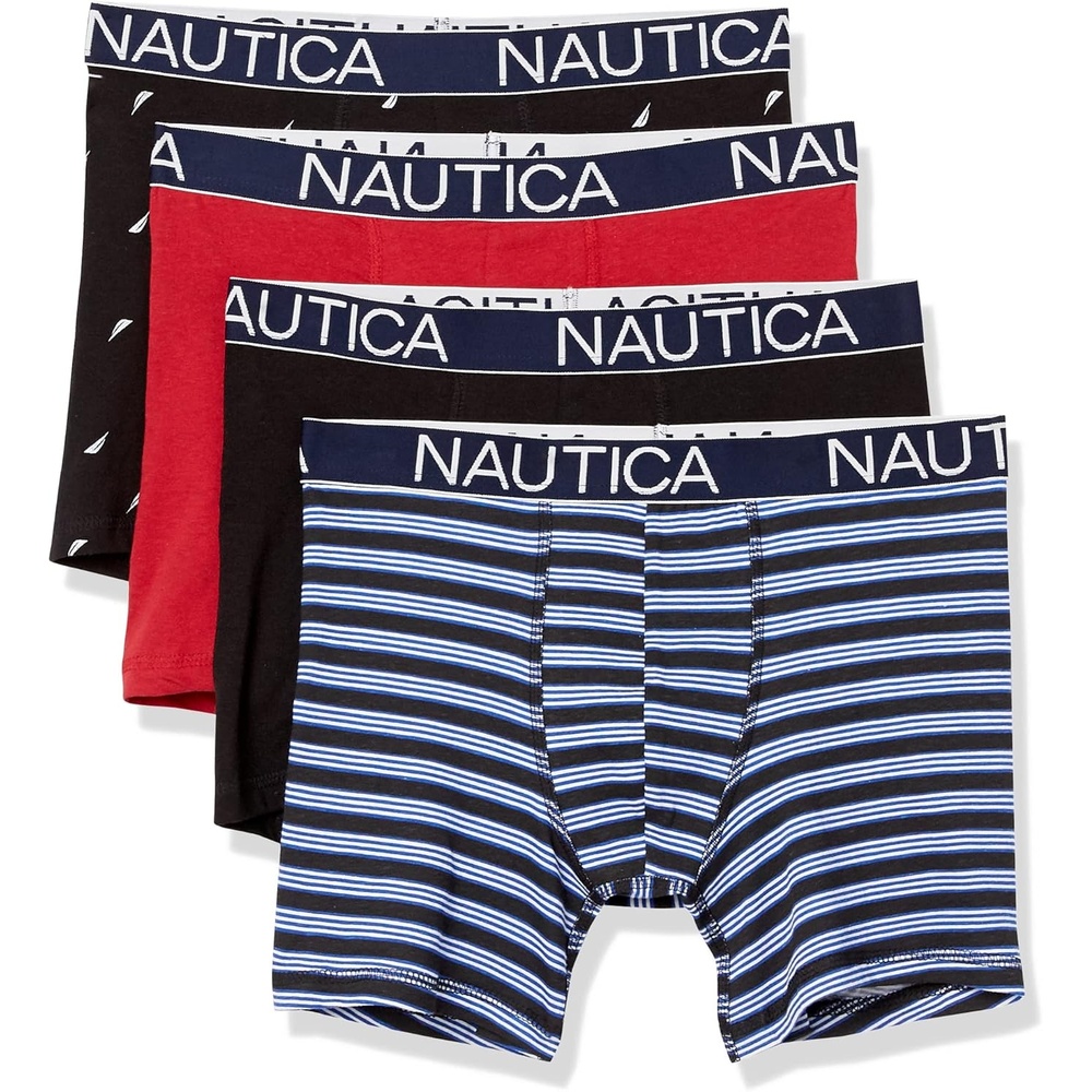 image:imageNautica Mens Cotton Stretch 4 Pack Boxer BriefsBlackNautica RedStripe BlackSail Print