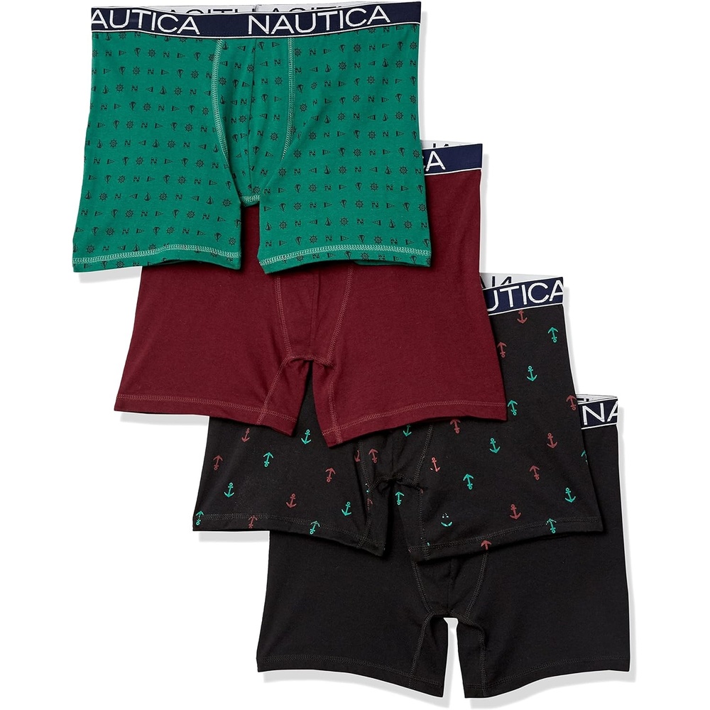 image:imageNautica Mens Cotton Stretch 4 Pack Boxer BriefsBlackTawny PortSpruce BlackAnchor Print